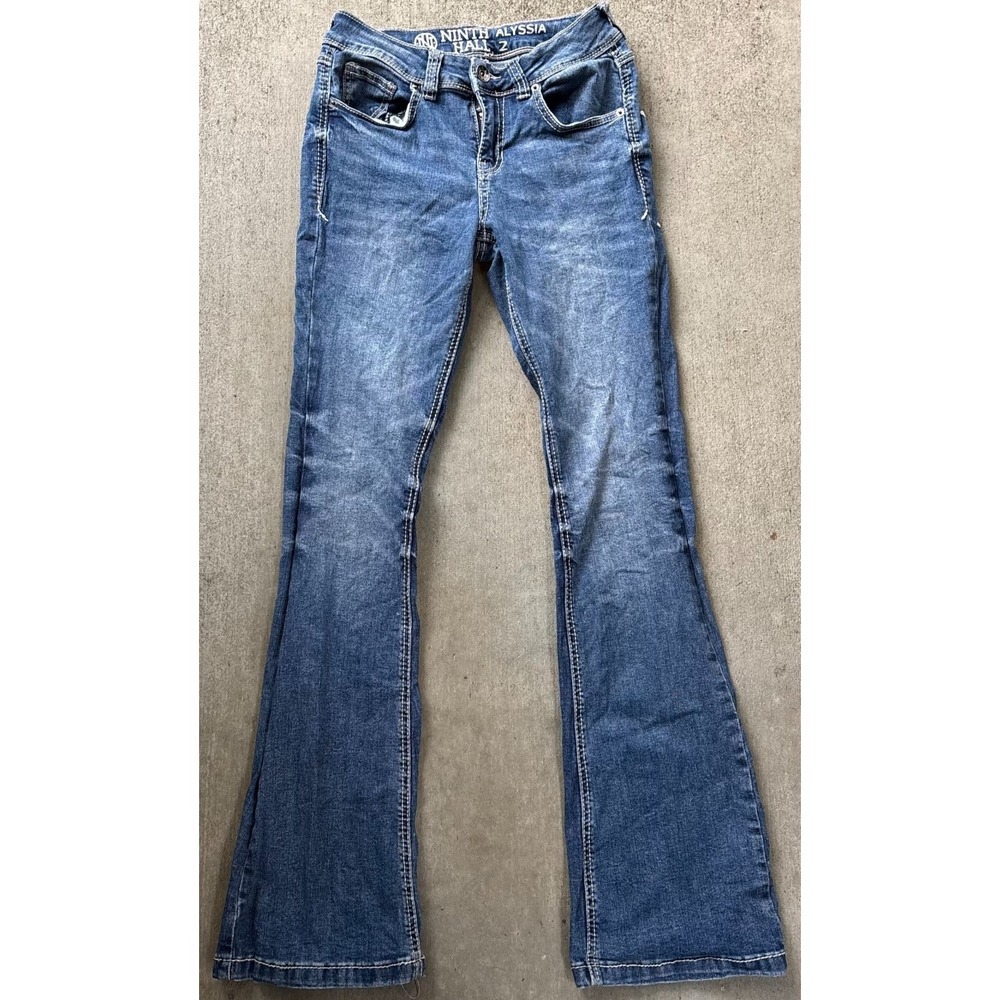 Ninth Hall Alyssia Womens Bootcut Jeans Blue Denim Slim Y2K Embroidered Wings 2